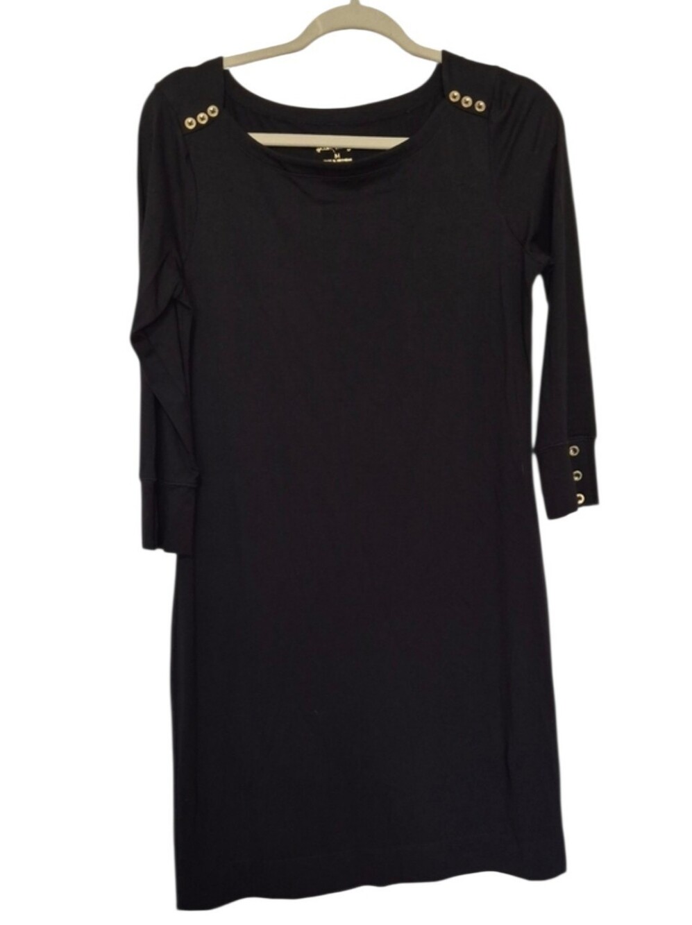Lilly Pulitzer Sophie Dress Onyx Black Gold Button 3/4 Sleeve Size M